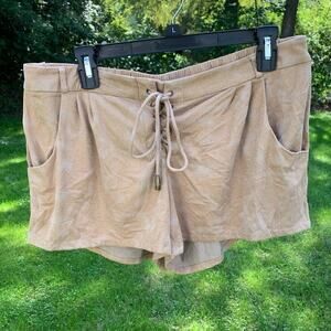 Tan suede like tie up stretchy shorts with pockets